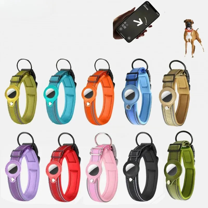 Reflective Padded Dog Collar with Airtag Holder - Adjustable for Small, Medium, and Large Dogs