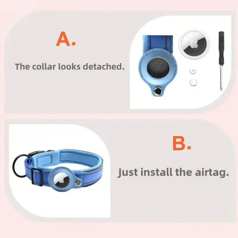 Reflective Padded Dog Collar with Airtag Holder - Adjustable for Small, Medium, and Large Dogs